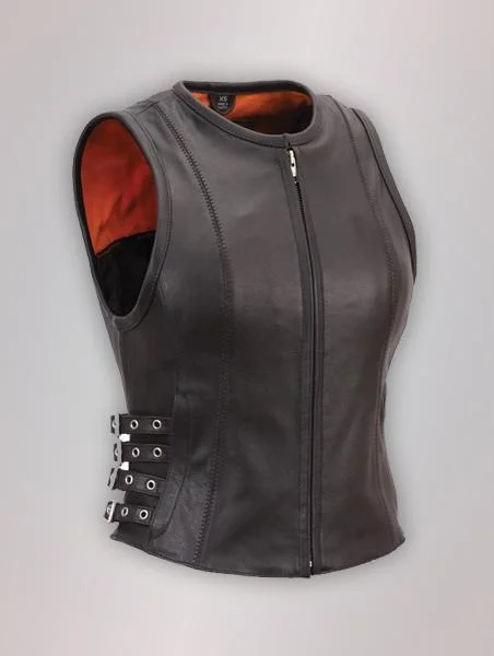 Woman's Buckled Zip Front Leather Vest Fleece-Lined Vest