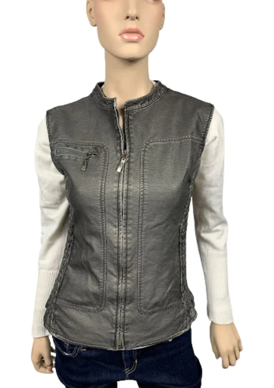 Women's Faux leather vest - (B3152)-GRY/CHAR Sleeveless Peacoat Vest