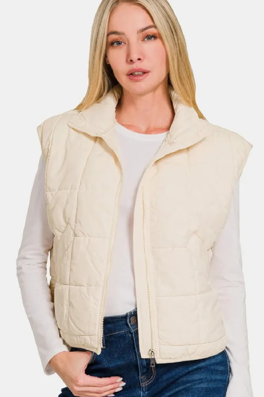 Zip Up Cropped Puffer Vest Pastel Wool Vest