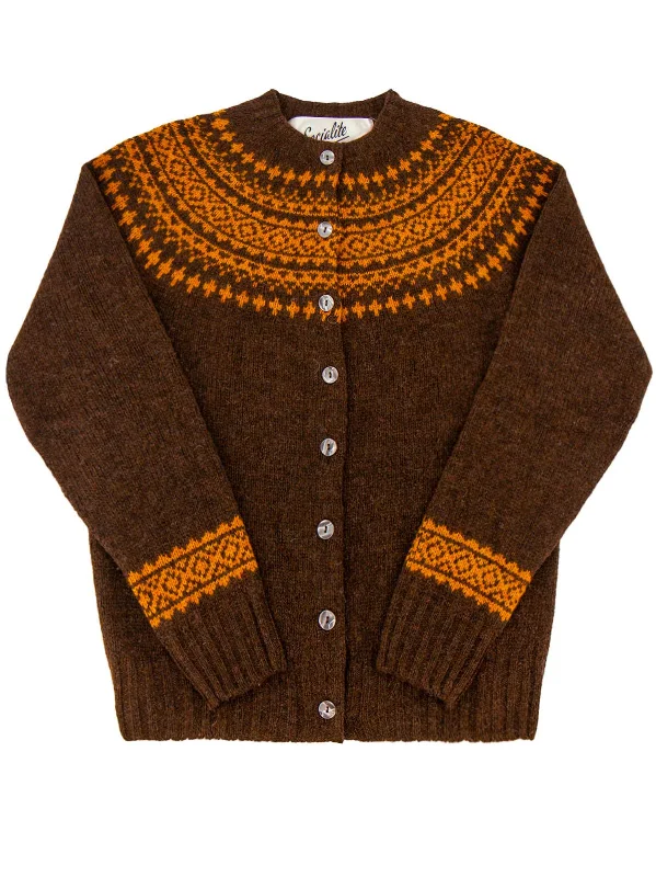 1940s Style Pure Wool Fairisle Cardigan in Coffee Brown