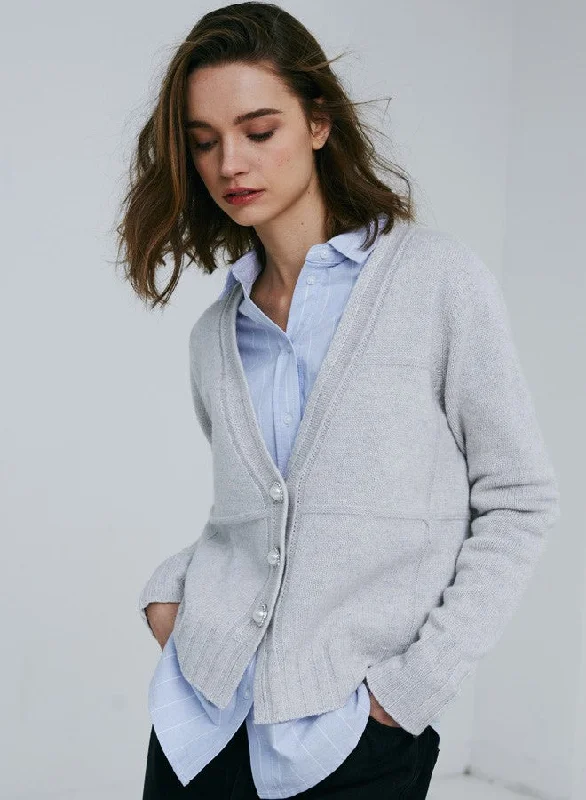 Autumn Cashmere V-Neck Cardigan with Pearl Buttons in Sleet