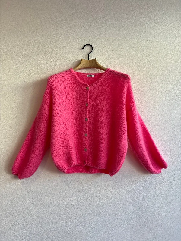 Barbie Pink Long Sleeve Mohair Cardigan Herringbone Houndstooth Plaid
