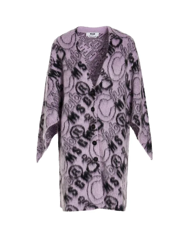 MSGM  Logo Cardigan Lilac Asymmetrical,ymmetric Pencil Cardigan