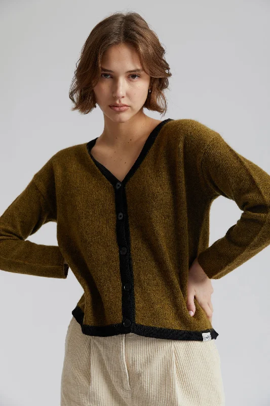 BINKY - Mohair Blend Cardigan Khaki Patchwork Embroidered Appliqued