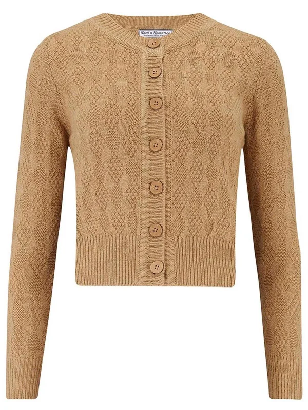 Biscuit Beige Vintage Style Diamond Textured Knit Cardigan