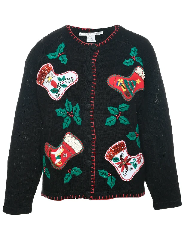 Black Christmas Cardigan - M Cable Knit Ribbed Knit Lace Knit