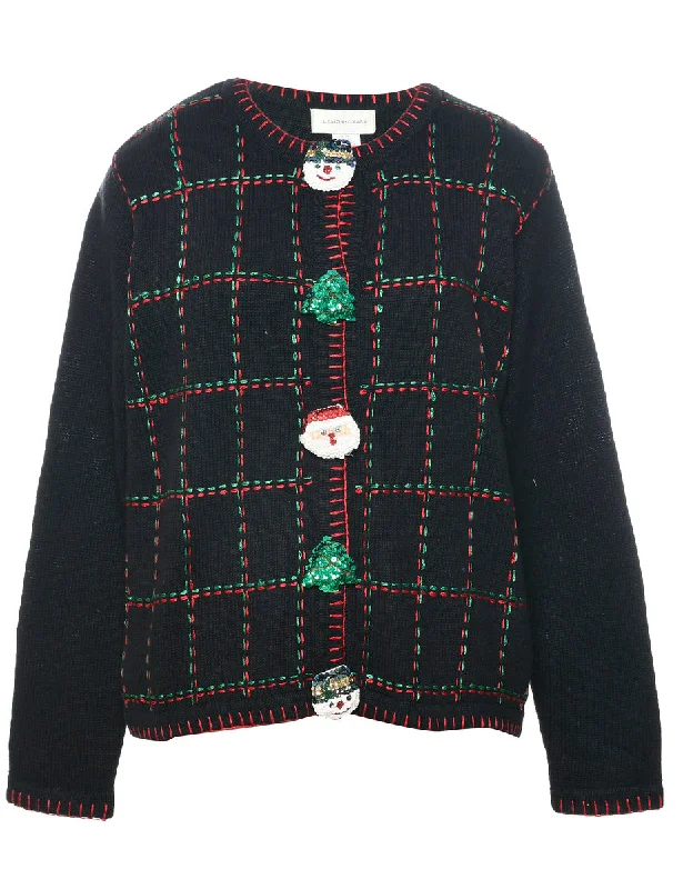 Black Christmas Cardigan - M Open Front Closed Front Wrap Front