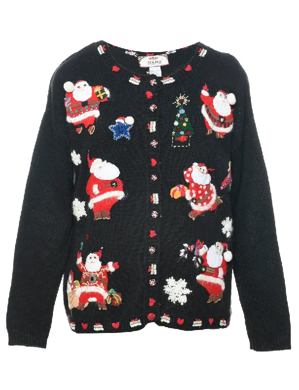 Black Christmas Cardigan - S Solid Color Striped Floral Print