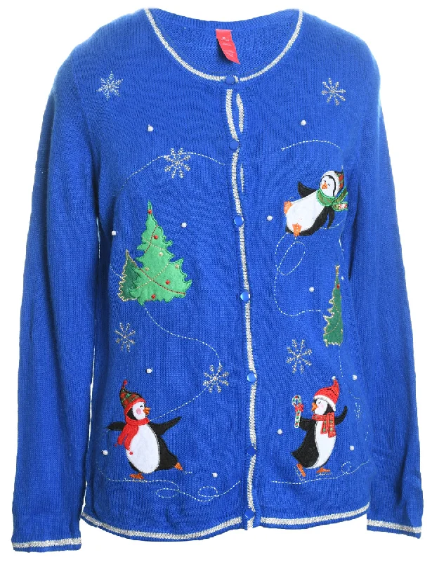 Blue Christmas Cardigan - M Toggled Drawstring Belted