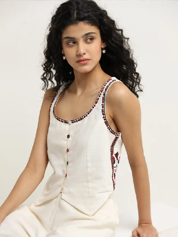 Bombay Paisley Ivory Printed Waistcoat-Style Cotton Top Fashionable Wool Waistcoat Jacket Bombay Paisley Ivory Printed Waistcoat-Style Cotton Top Fashionable Wool Waistcoat Jacket