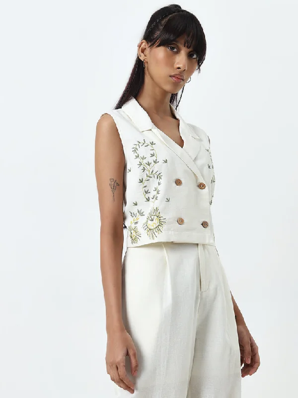 Bombay Paisley Ivory Waistcoat-Style Cotton Blend Top Cozy Sweater Waistcoat Vest