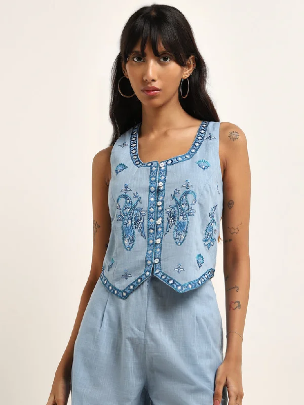 Bombay Paisley Light Blue Waistcoat-Style Cotton Top Stylish Casual Waistcoat Vest