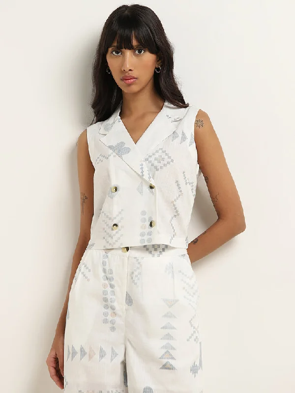 Bombay Paisley Off-White Printed Waistcoat-Style Cotton Top Stylish Sleeveless Wool Waistcoat Bombay Paisley Off-White Printed Waistcoat-Style Cotton Top Stylish Sleeveless Wool Waistcoat