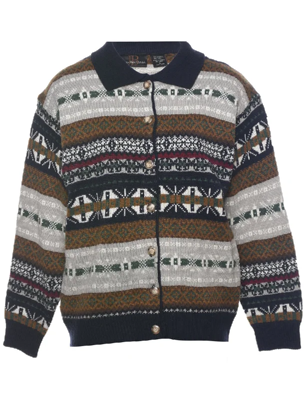 Button Front Nordic Cardigan - S Patchwork Embroidered Appliqued