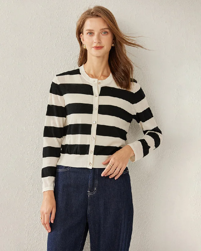 Button Up Wool Striped Knit Crew neck Cardigan Zippered Front Buttoned Front Snap Front