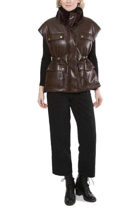 CASSIS - Faux Fur Trim Puffer Vest Relaxed Fit Vest