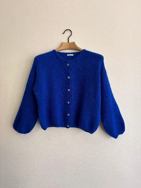Cobalt Blue Long Sleeve Mohair Cardigan Patchwork Embroidered Appliqued