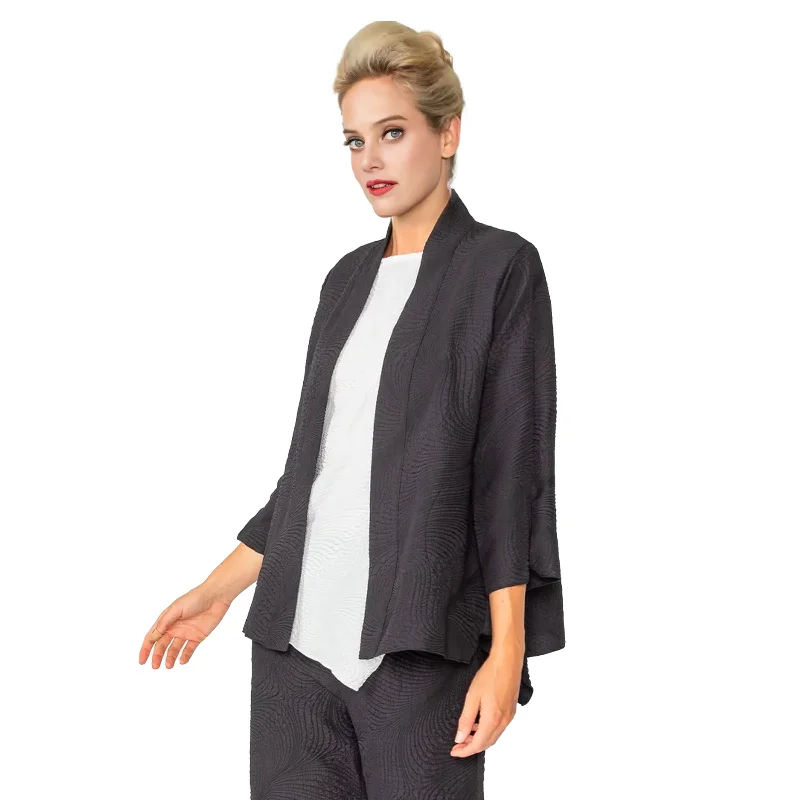 IC Collection Textured Open Front Cardigan in Black - 5741J-BLK Ribbed Striped Patterned IC Collection Textured Open Front Cardigan in Black - 5741J-BLK Ribbed Striped Patterned