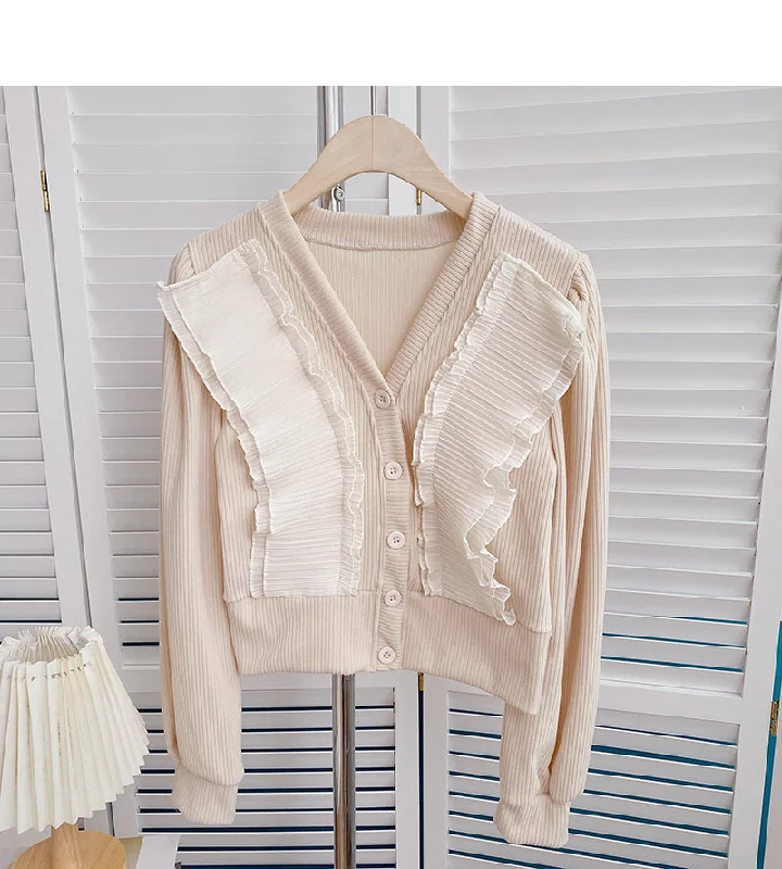 Crimped lace V-neck Vintage shirt cardigan  6408 Sequined Glittery Shiny