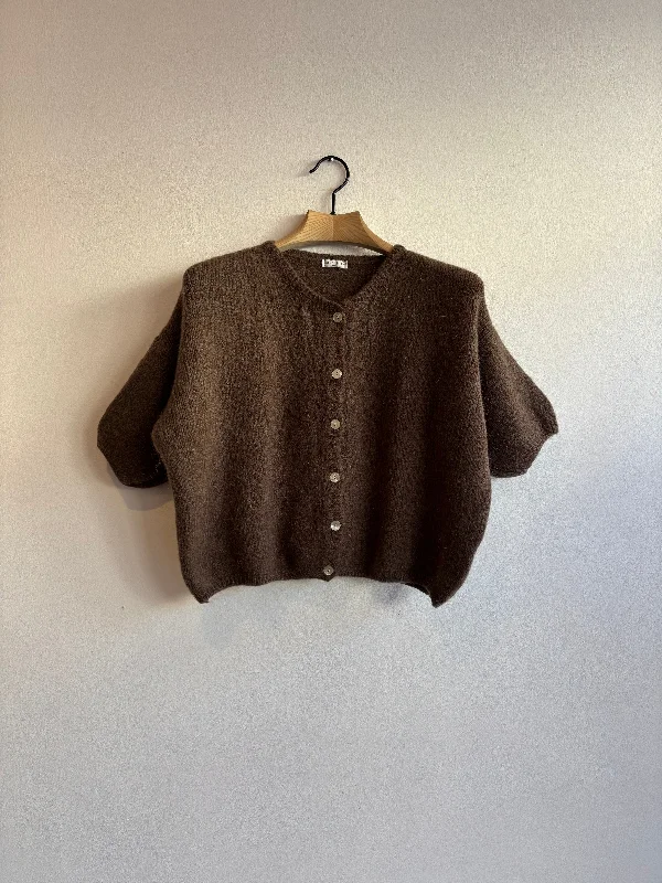 Cropped Sleeve Mohair Cardigan Chocolate Herringbone Houndstooth Plaid