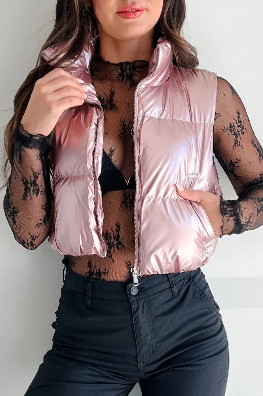 Dreaming In Stardust Metallic Puffer Vest (Pink) Trendy Belted Vest