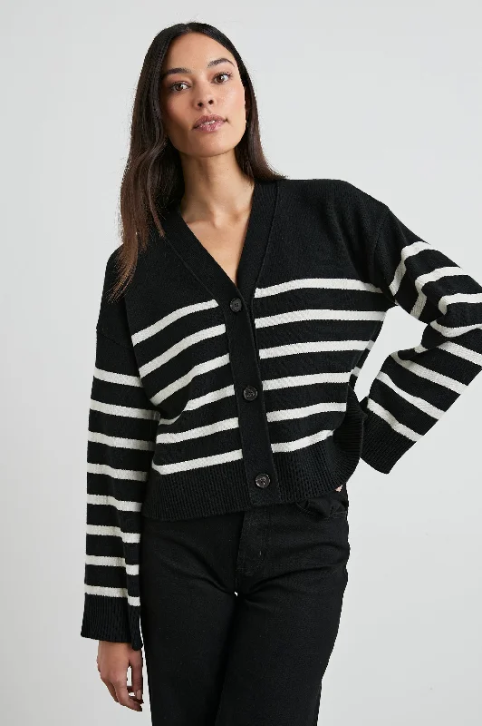 GENEVA CARDIGAN - BLACK OATMEAL STRIPE Notch Collar Peter Pan Collar Cowl Neck