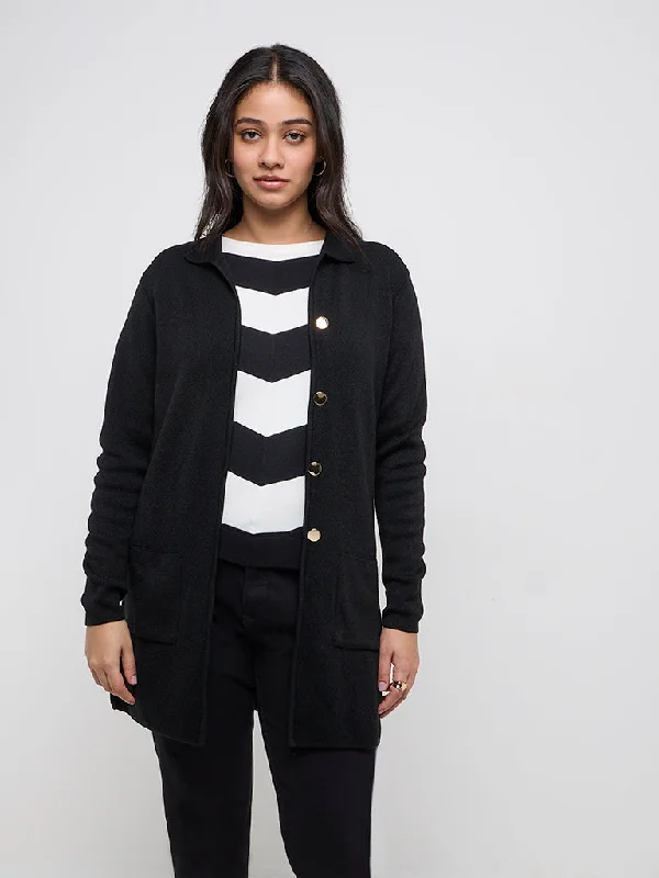 Gia Black Knitted Cardigan Houndstooth Herringbone Solid
