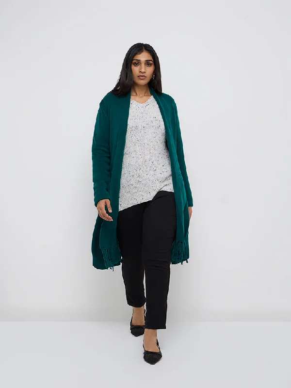 Gia Dark Green Knit-Textured Cardigan Herringbone Houndstooth Plaid