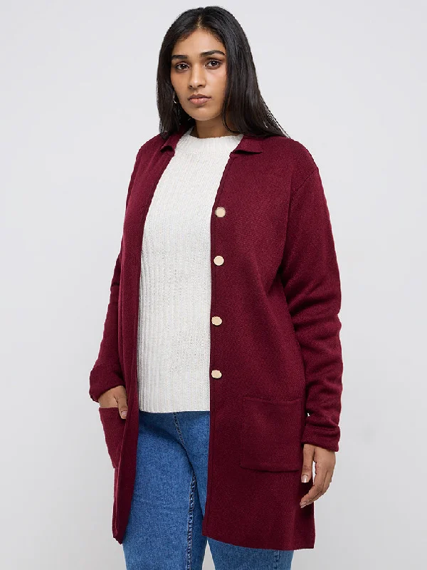 Gia Maroon Knitted Long Cardigan Elegant Classic Vintage