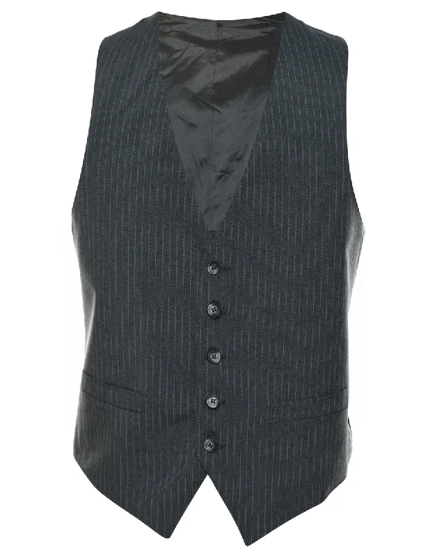 Grey Pinstriped Classic Waistcoat - L Cozy Sleeveless Waistcoat Vest