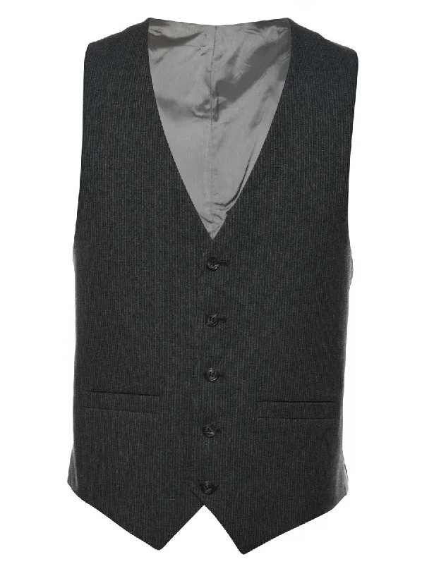 Grey Pinstriped Waistcoat - L Elegant Wool Blend Waistcoat