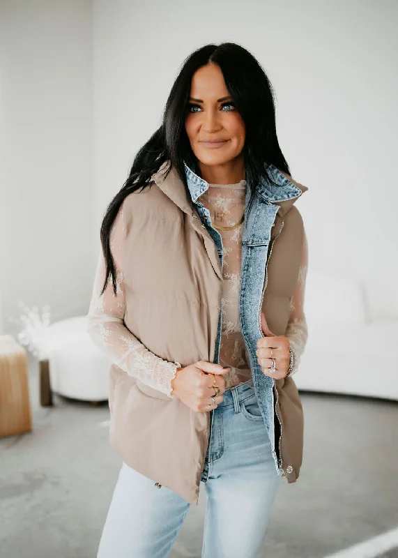 Jenna Denim Layered Puffer Vest Luxe Faux Fur Vest