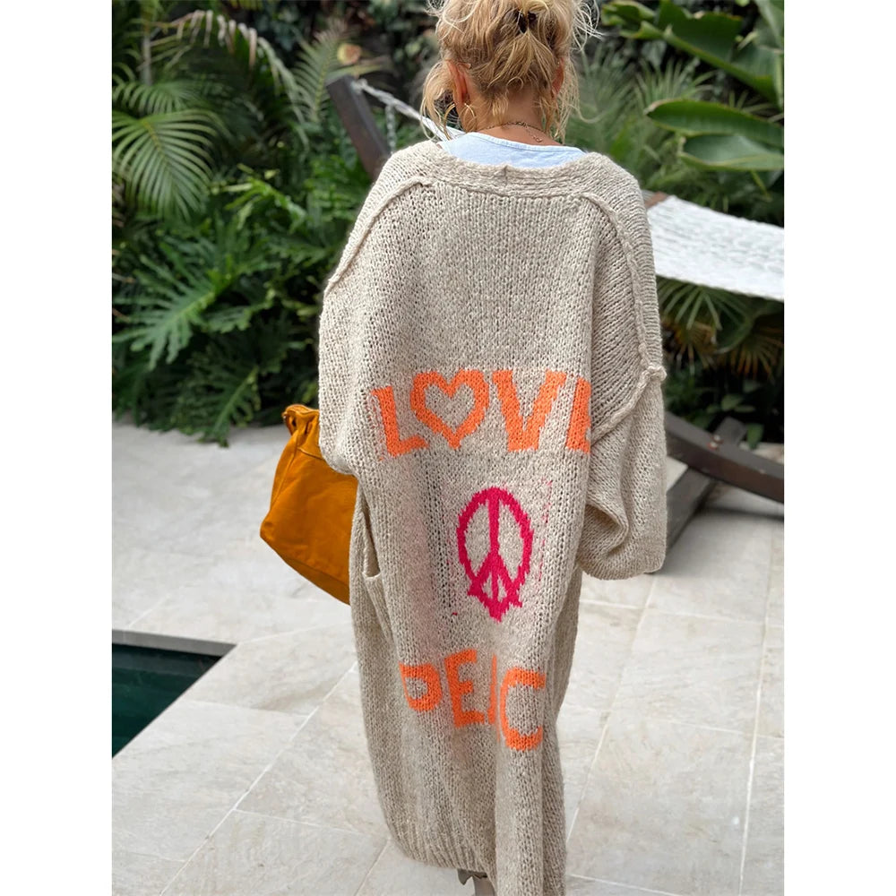 'Love and Peace' Design Women's Long Knitted Cardigan, Sweater Coat Mesh Blend Leather Blend Suede Blend