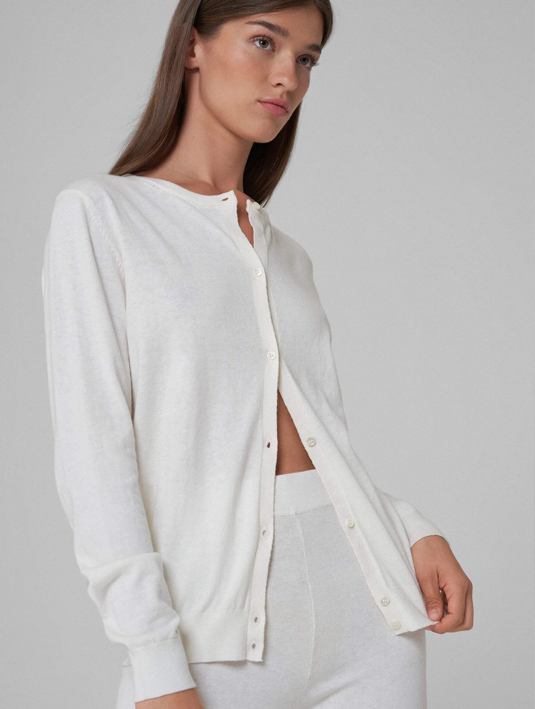 LEA Crew-neck cardigan with buttons white Satin Fabric Silk Fabric Chiffon Fabric