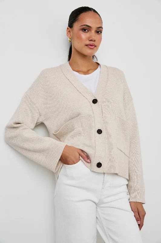 LINDI CARDIGAN - OATMEAL Notch Collar Peter Pan Collar Cowl Neck