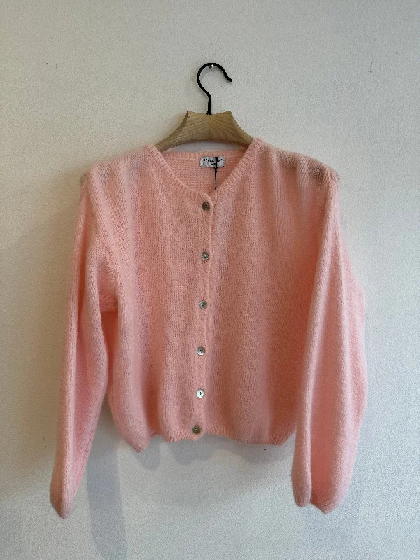 Baby Pink Long Sleeve Mohair Cardigan Front Pockets Side Pockets Patch Pockets