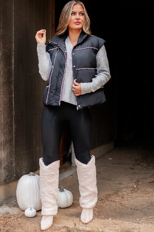 Loud & Proud Rhinestone Puffer Vest (Black) Soft Velvet Vest