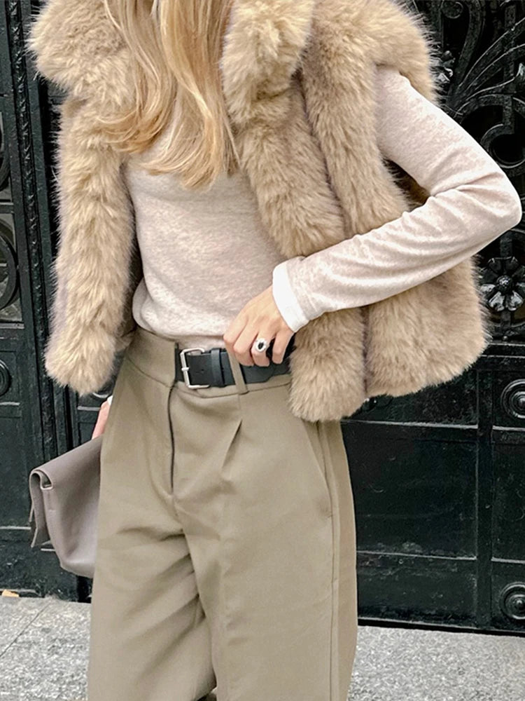 Lunivop Turn-down Collar Fluffy Faux Fur Vest Women Luxury Solid Sleeveless Waistcoat Female Autumn Winter High Street Outwear Tops Comfortable Wool Waistcoat Jacket