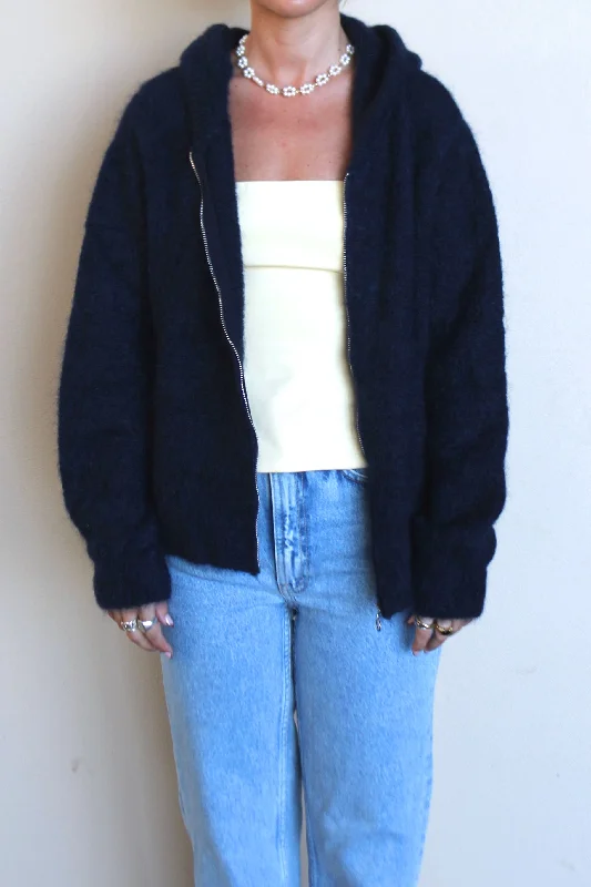 MAISON ANJE Womens Lenebula Kid Mohair Hooded Zip Cardigan Navy Stretchy Elastic Breathable