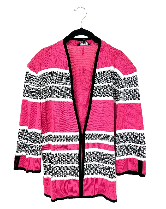 Black And White Striped Pink Cardigan - Size 6/8 Seamless Knitted Crochet