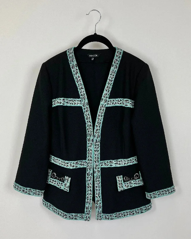 Black Knit Trim Cropped Sleeve Cardigan - Size 2-4 Terry Terry Cloth Terry Knit