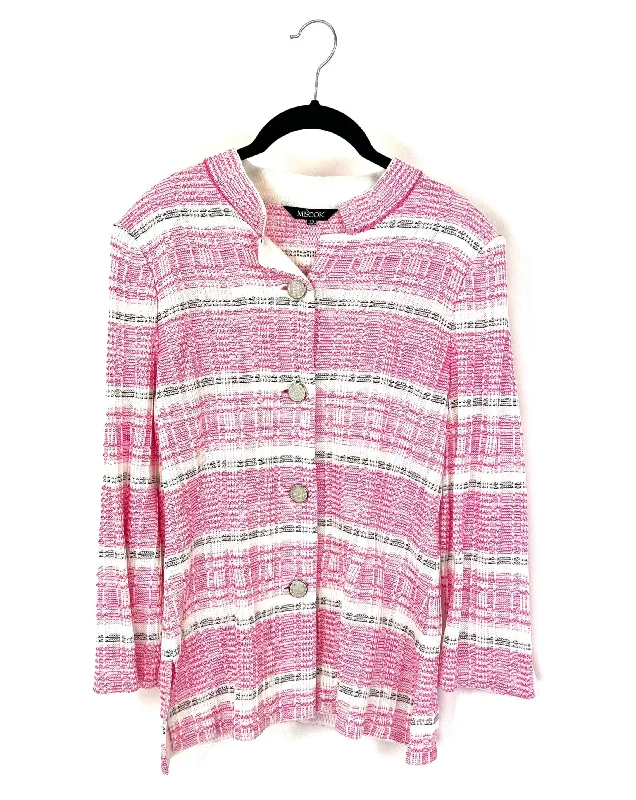 Pink White and Black Textured Cardigan - Size 2-4 Zippered Front Buttoned Front Snap Front Pink White and Black Textured Cardigan - Size 2-4 Zippered Front Buttoned Front Snap Front