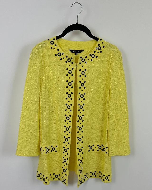 Yellow Cardigan With Black Grommet Detail- Size 2-4 Embroidered Appliqued Beaded