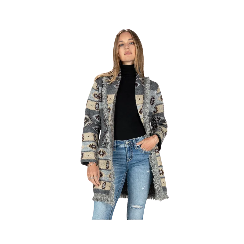 Miss Me Women's Aztec Fringe Open Front Cardigan Zippered Buttoned Snapped