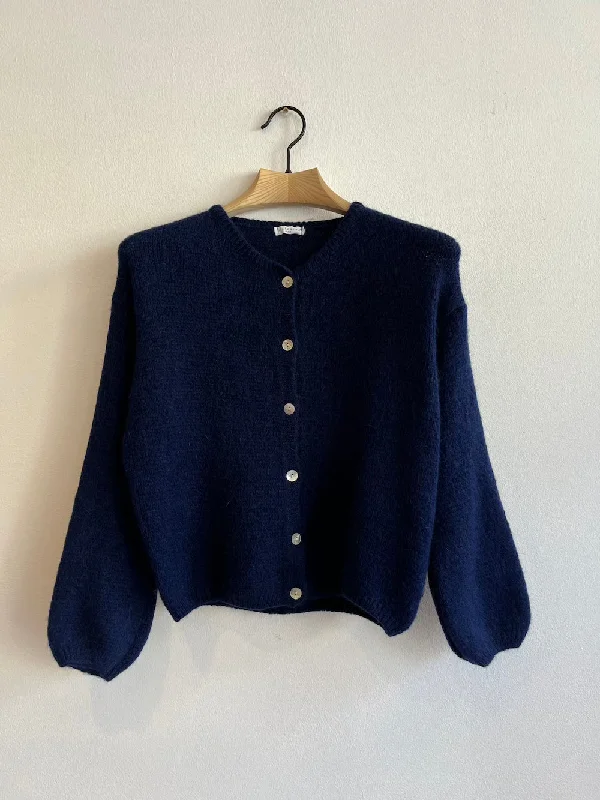 Navy Long Sleeve Mohair Cardigan Wool Fabric Cashmere Fabric Tweed Fabric