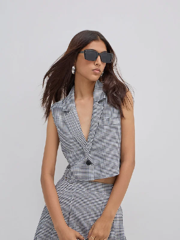 Nuon Black Checkered Waistcoat-Style Top Trendy Down Waistcoat Vest