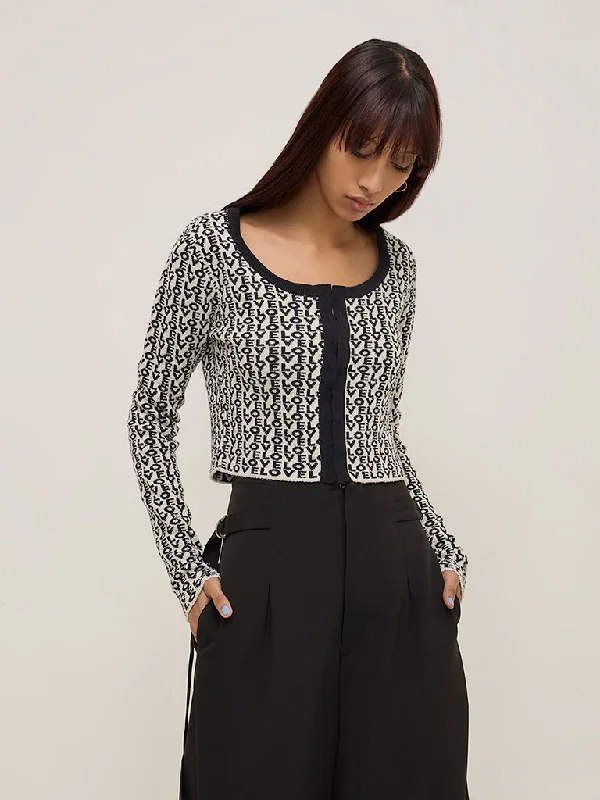 Nuon Black Text Printed Cardigan Toggled Drawstring Belted