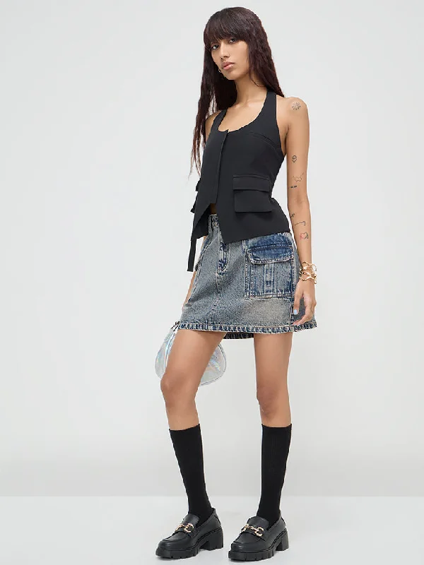 Nuon Black Waistcoat-Style Top Comfortable Zip Waistcoat Vest