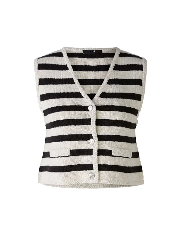 Oui Striped Waistcoat Cream Lightweight Cotton Waistcoat Vest