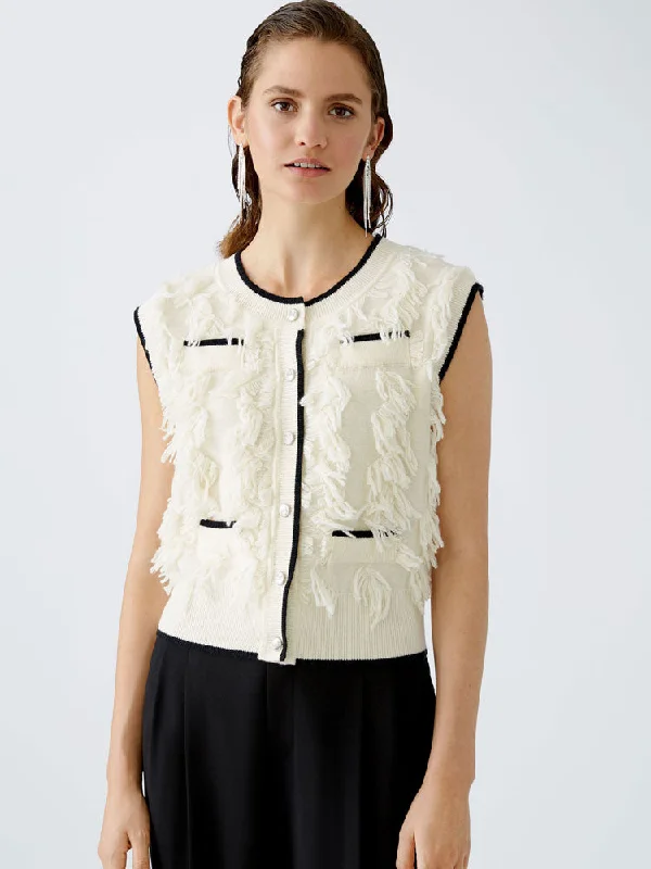 Oui Textured Waistcoat Off White & Black Trendy Faux Leather Waistcoat